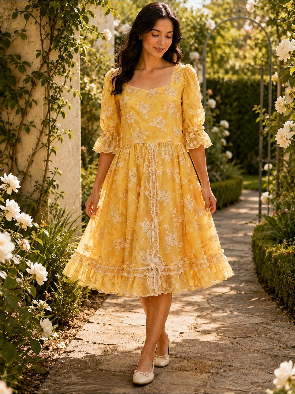 Vintage Handmade Yellow Daisy Prairie Dress M-L Cottagecore Fairycore